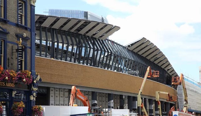 TooleyStfacadeSept: The brand new facade on what will be the Tooley Street entrance to London Bridge is taking shape ahead of opening on 2 January 2018.