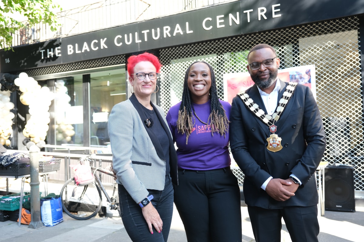 Cllr Sheila Chapman (left) stood with Jasmine Cannon-Ikurusi, CEO of Sapphire (middle) alongside Mayor of Islington Cllr Jason Jackson (right) outside the Black Cultural Centre
