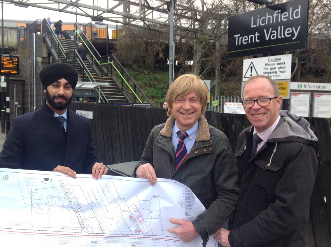 £2.3 million overhaul of Lichfield Trent Valley station underway to make it accessible for everyone: L-R Harpreet Singh-Moore (Network Rail), Michael Fabricant MP & Richard Brooks (West Midlands Railway)