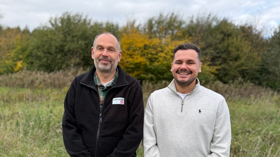 Cllr Joshua Roberts (right) and Ian Wright from the Treescapes team at Chisnall Wood in Wrightington