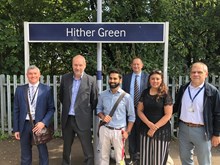 Rob Sue (Network Rail) David Statham Dr Amit Patel Anthony Smith (Transport Focus) Nus Ghani MP and Justin Ryan at Hither Green