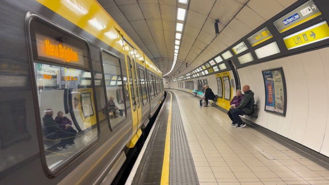 A Wirral line train to New Brighton at a platform: A Wirral line train to New Brighton at a platform