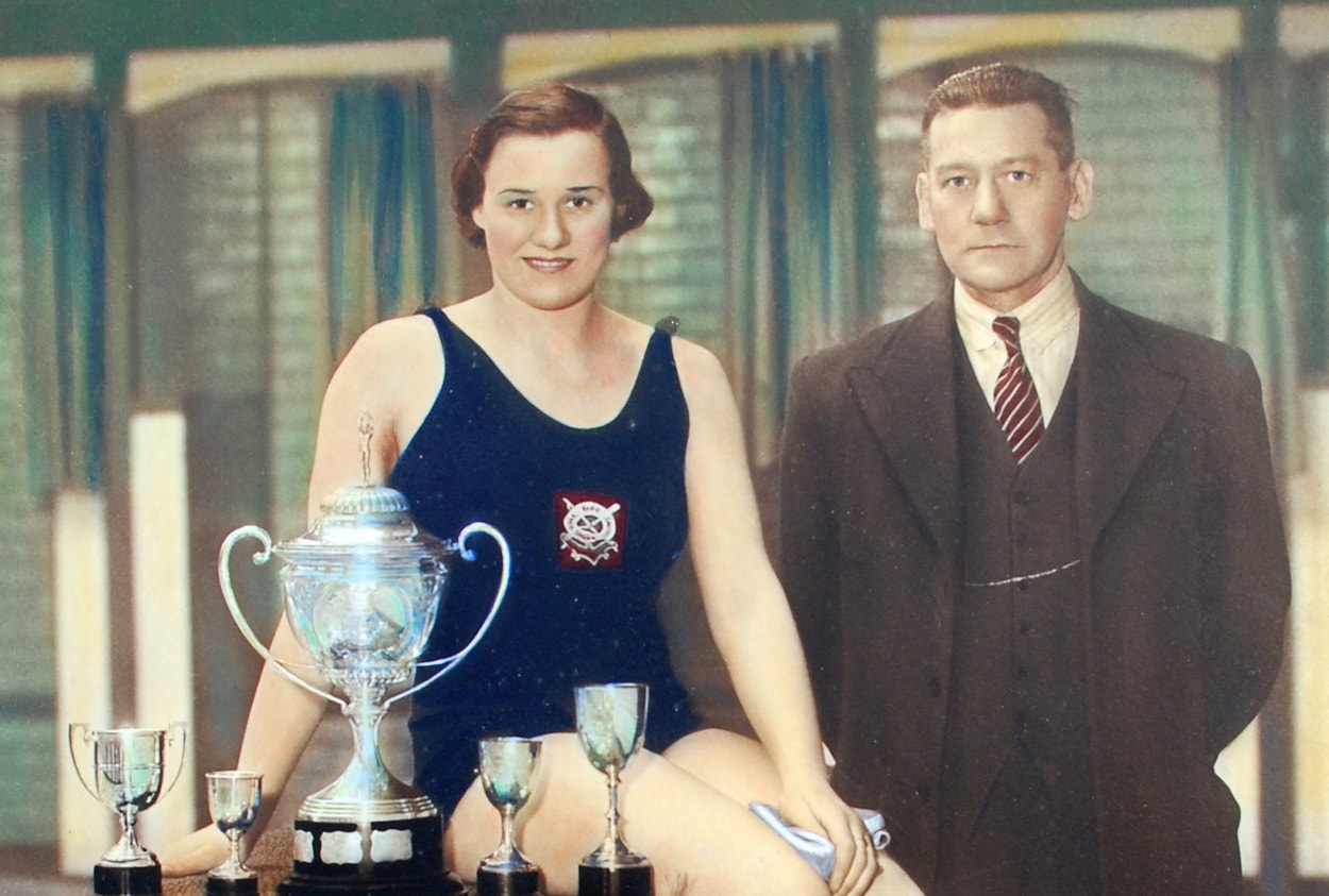 Doris Storey 1: Champion swimmer Doris Storey with her coach.