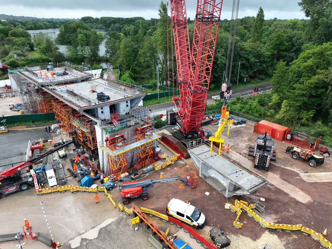 Colne Valley Viaduct over Moorhall Road 2: Work has been completed on a key 40 metre span over Moorhall Road, Harefield, that will form part of HS2's record-breaking Colne Valley Viaduct - the longest rail bridge in the UK.