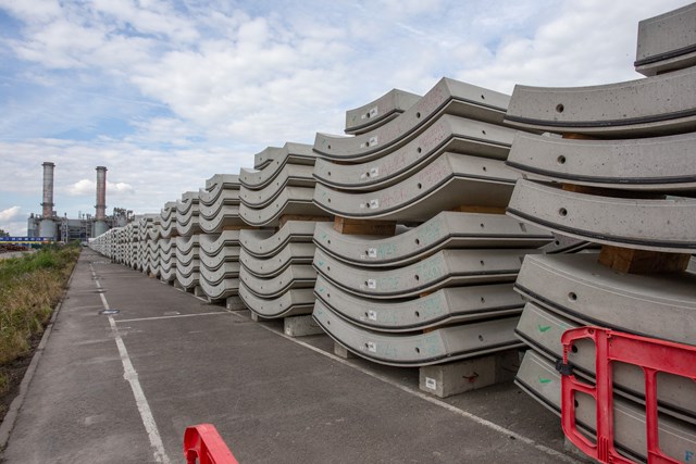 HS2 tunnel segments stacked at Pacadar, Thamesport