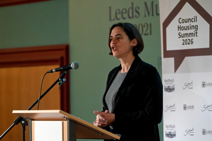 Housing summit 3: Councillor Sarah King, leader of Southwark Council, speaking at 2026's Securing the Future of Council Housing Summit in Leeds.