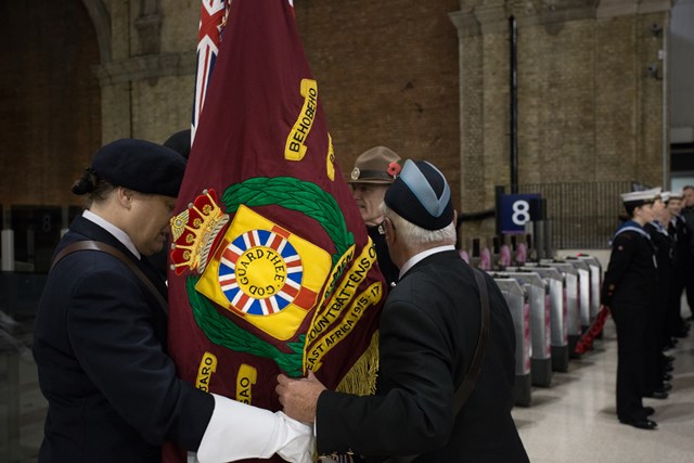 Arranging the standards at Platform 8, Victoria station, commemorating the Unknown Warrior, whose body spent the night here in 1920: Arranging the standards at Platform 8, Victoria station, commemorating the Unknown Warrior, whose body spent the night here in 1920