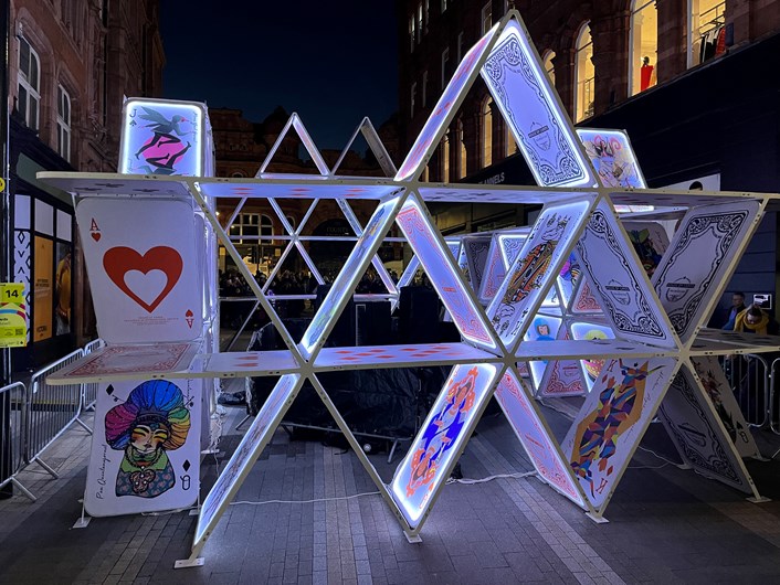 Light Night 2022: House of Cards at Victoria Leeds, one of 50 stunning illuminated installations which transformed Leeds city centre during one of the country's biggest annual arts events.