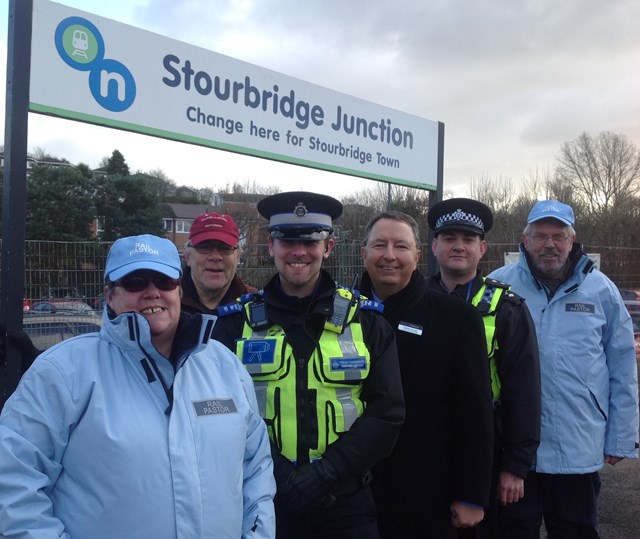 Stourbridge pastors: From l to r: Rail Pastor Alison Underwood, Stourbridge Street Pastor Chair David Watts, PCSO Aaron Tiso, London Midland Head of Corporate Affairs Francis Thomas, Inspector Dave Rams, Rail Pastor Steve Underwood.