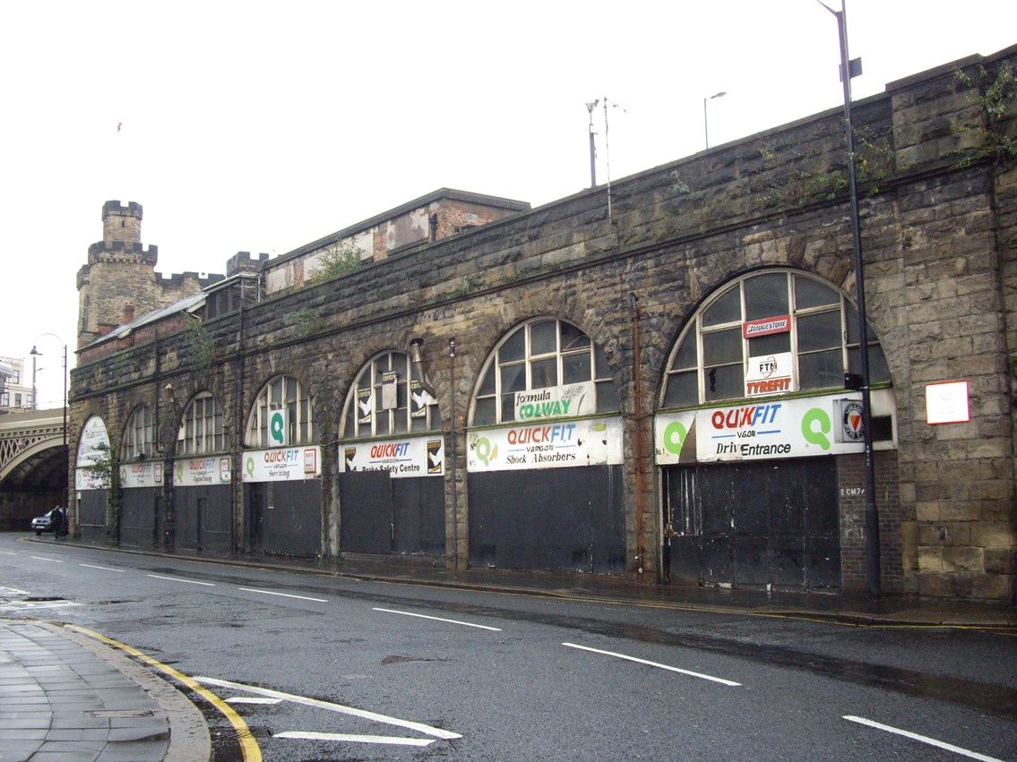 BOOST FOR BUSINESS AS NETWORK RAIL REVAMPS ARCHES IN NEWCASTLE: Westgate road railway arches in Newcastle - before revamp