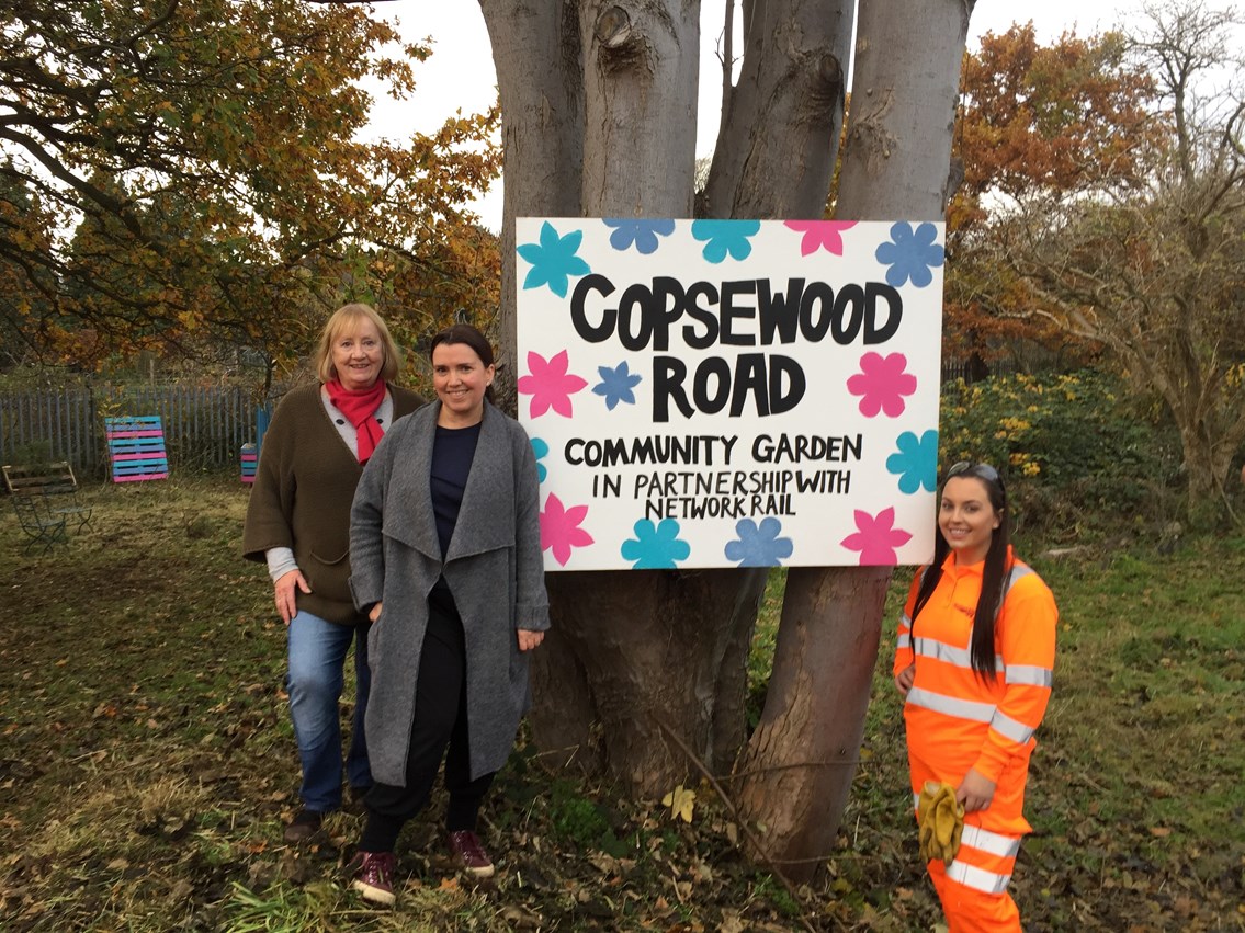 Jean and Ali, residents of Copsewood Road, Watford, with Network Rail's Gabriella Nicholas