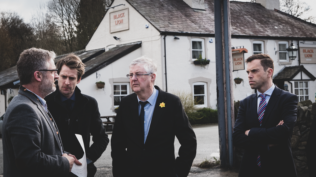 First Minister Mark Drakeford & Economy Transport and North Wales Minister Ken Skates on recent visit to see impact of flooding in North Wales