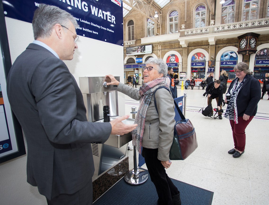 First water fountain user at London Charing Cross February 2018