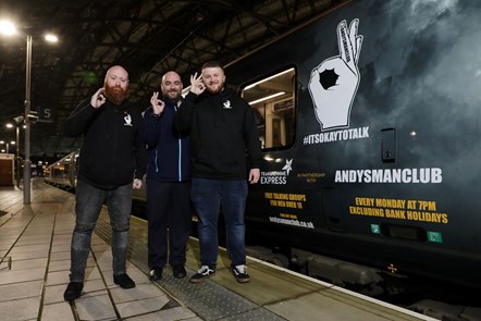 (L-R) Andrew Murray, Ian Watson (TPE Driver) and Lucas Whitehead with the new Andy's Man Club TPE Train