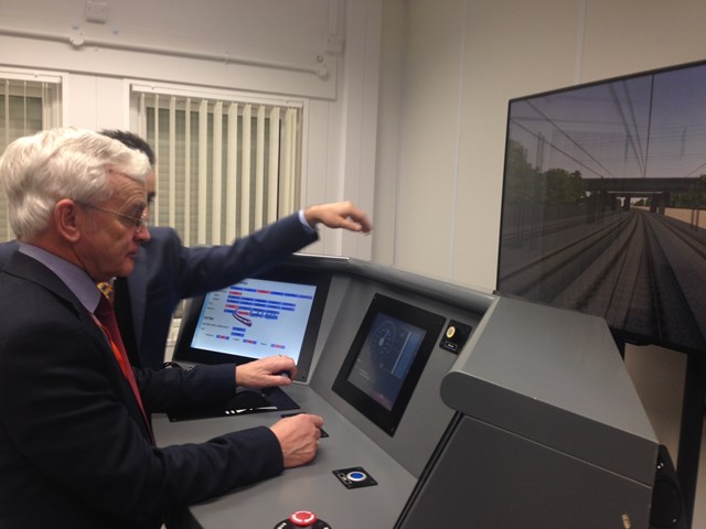 Martin Vickers watching ETCS demo (1): All Party Parliamentary Rail Group, APPG, ETCS, European Train Control System, National Integration Facility, ENIF, Hitachi