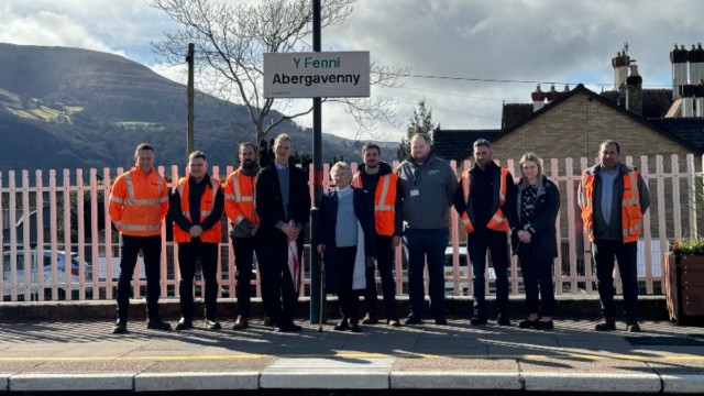 Monmouth MP David TC Davies with Councillor Maureen Powell and representatives of Network Rail, Transport for Wales and Centregreat-2: Monmouth MP David TC Davies with Councillor Maureen Powell and representatives of Network Rail, Transport for Wales and Centregreat-2