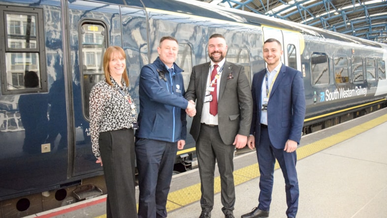 Rail industry unites to tackle safeguarding challenges at national conference: Southeastern and SWR are working together to champion safeguarding on our railways. Pictured- Jacqui Turner, workforce safeguarding coordinator at SWR, Mark Sutton, safeguarding manager at Southeastern,  Dan O’Riordan, head of security and safety assurance at SWR and Grant Robey, crime and security manager at SWR