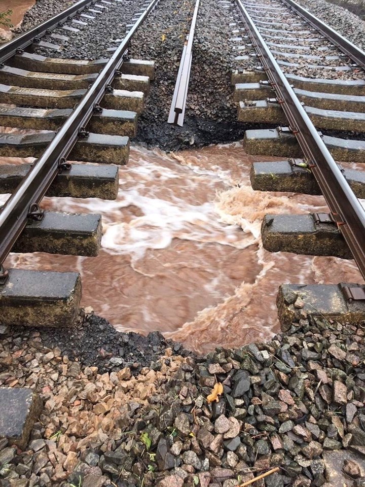 Fast flowing water underneath track at Pontrilas October 2019