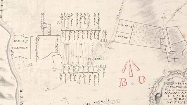 Jasper Leigh Jones’ map of the battle of Culloden [cropped] with the Culloden Parks visible on the centre right: 'Reproduced with the permission of the National Library of Scotland' (Attribution 4.0 International (CC BY 4.0)