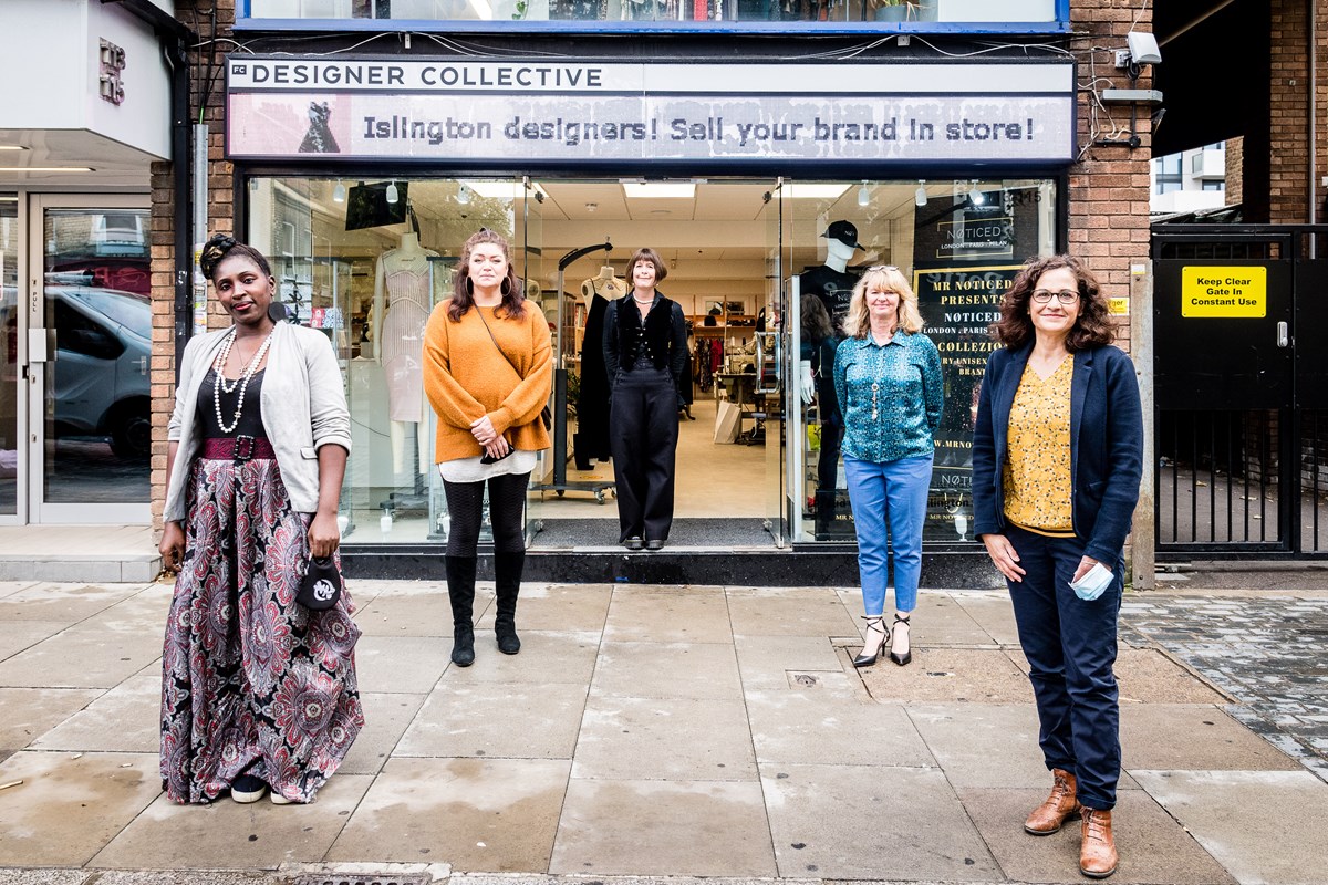 Designer-makers (from left) Marie Ikong Ehuy, Mary Obaseki and Rachel Kenyon with Fashion-Enter CEO Jenny Holloway and Cllr Asima Shaikh outside FC Designer Collective
