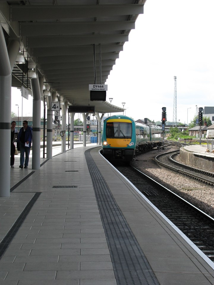 New Platform 4a Derby Station: Train coming into platform 4a at Derby Station