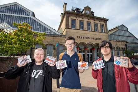 Avanti West Coast Dick Kerr Ladies Postcard 1: L-R: Matthew, Harry and Jason, interns from DFN Project SEARCH, at Preston station with the series of postcards they have helped to design as part of a project to raise awareness of Dick, Kerr Ladies football team