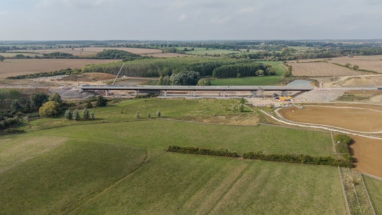 View of the completed Westbury viaduct crossing the floodplain of the River Great Ouse October 2026