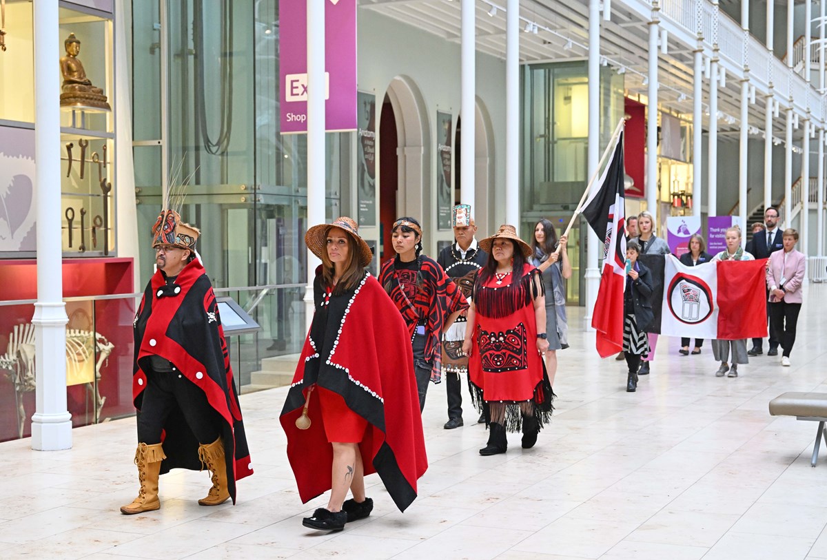 Nisga'a delegation led by Sim'oogit Ni'isjoohl (Mr Earl Stephens) and Sigidimnak’ Nox Ts'aawit (Dr Amy Parent) at the National Museum of Scotland credit Neil Hanna