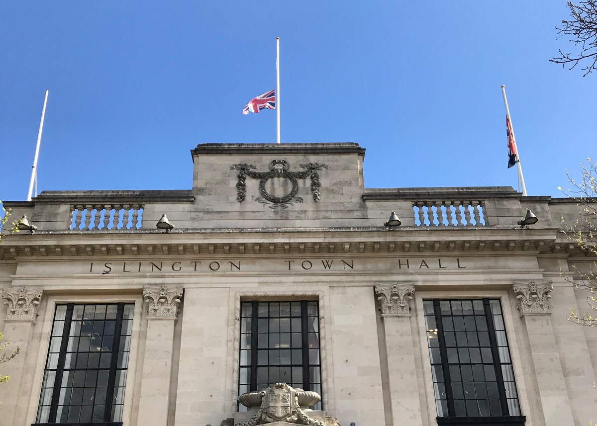 Flags fly at half mast at Islington Town Hall following the death of His Royal Highness The Prince Philip, Duke of Edinburgh