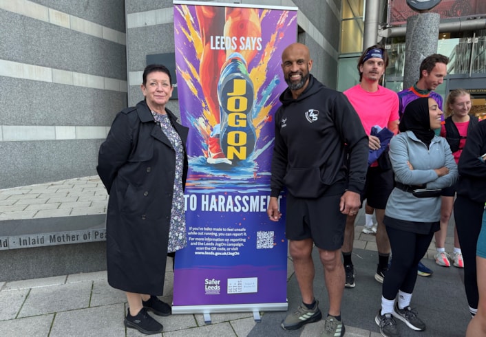 Cllr Harland and Jamie Jones-Buchanan: Councillor Mary Harland and Jamie Jones-Buchanan at the launch of the JogOn campaign.