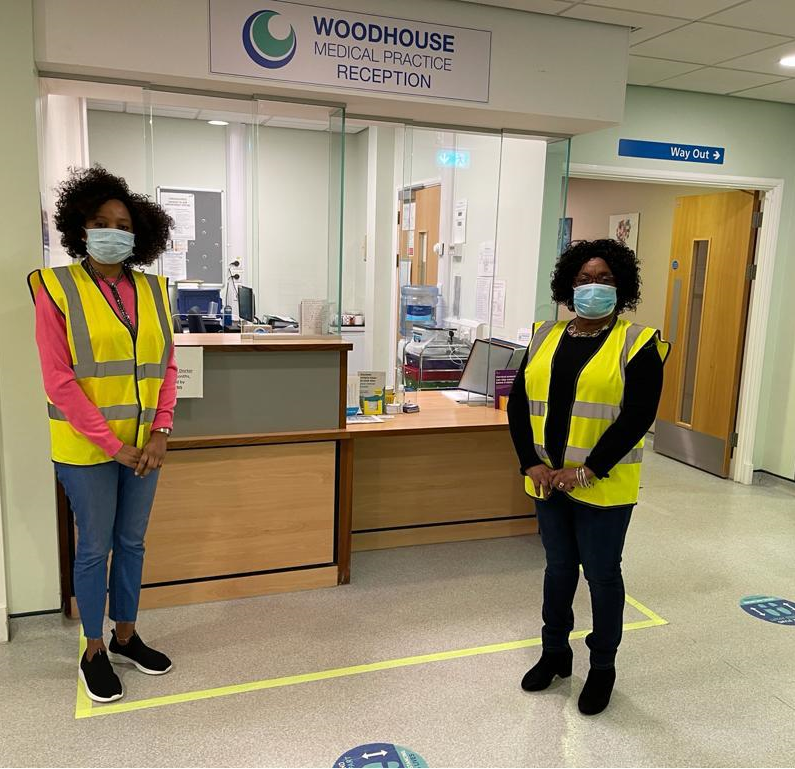 Lord Mayor vaccine volunteer: L-R Councillor Abigail Marshall-Katung, Leeds City Council's lead member for BAME and Lord Mayor of Leeds Councillor Eileen Taylor volunteering at the Woodhouse Medical Practice.