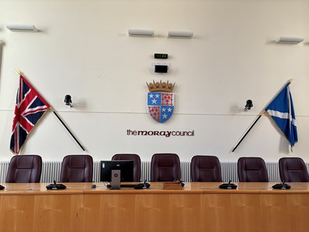 Moray Council coat of arms in the council HQ chamber.