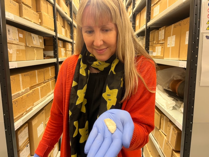 Pitty Close Farm finds: Kat Baxter, Leeds Museums and Galleries’ curator of archaeology, the shattered blade of a delicately honed flint knife, one of the Bronze Age finds made at Pitty Close Farm in Leeds.