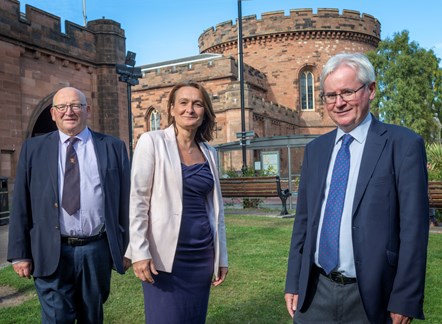 L-R: Carlisle City Council leader John Mallinson, University of Cumbria Vice Chancellor Professor Julie Mennell, Cumbria County Council Stewart Young, pictured outside the Citadels, Carlisle September 2021.
Photo: Becker Photo, Carlisle