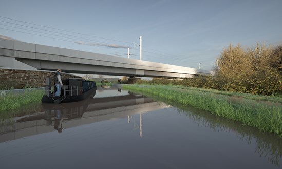 HS2 reveals Warwickshire ‘ironstone’ finish for new Oxford Canal Viaduct: Canal boat approaching the Oxford Canal Viaduct 51371