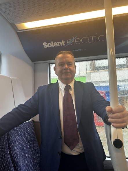 Cllr Rob Humby, Leader of Hampshire County Council on board the new electric bus in Fareham