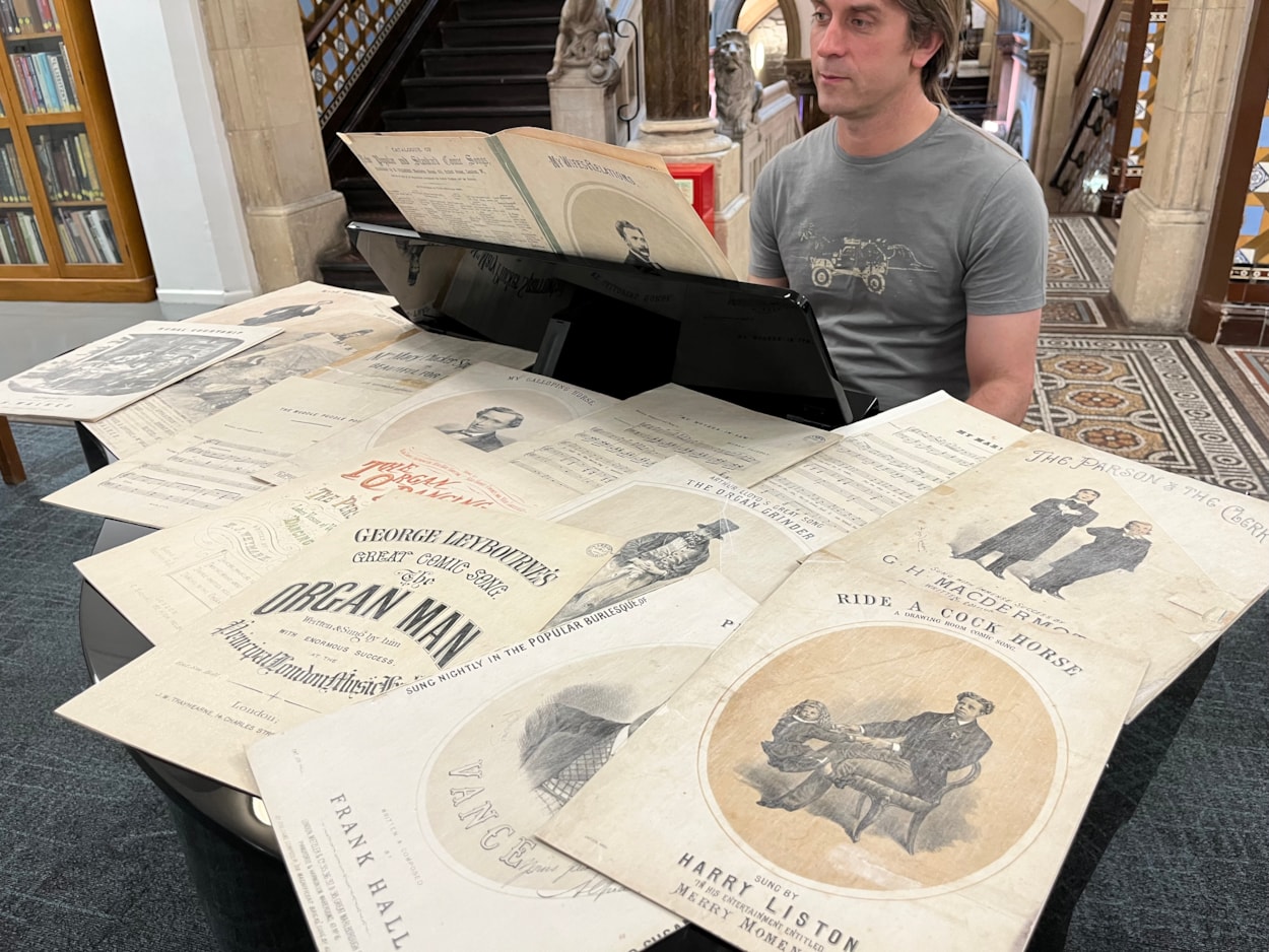 Victorian sheet music: Librarians are calling on the city’s modern-day musicians and singers to help them bring an incredible collection of vintage sheet music to life for the first time in more than a century.
The array of late 19th and early 20th century songs is part of a vast collection at Leeds Central Library, which includes a combination of well-known musical classics alongside forgotten songs penned by local composers.
Music librarian Lee Noon is shown here with a selection of the sheet music.