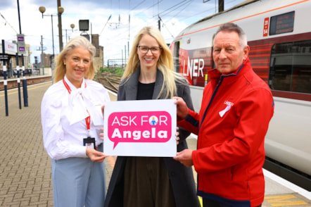 L-R - LNER Customer Experience Engagement Manager Gill McKay, LNER customer Nicola and LNER Safety and Safeguarding Manager Jim Rawcliffe