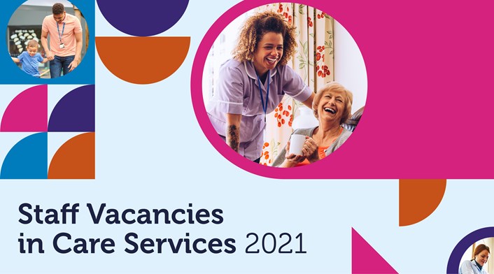 Image showing photos of a male worker and toddler and a female worker with older woman in homely setting from the cover of the Staff vacancies in care services 2021 report.