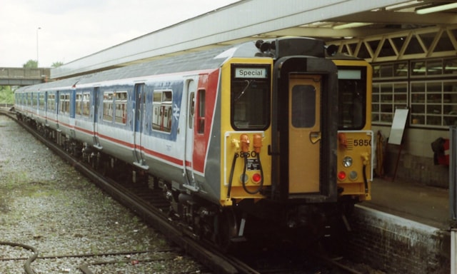 Class 455 in Network SouthEast livery - credit:  Network SouthEast: A Class 455 train at Richmond in 1986, freshly repainted in Network SouthEast livery, for the operator's launch. Credit: Network SouthEast.