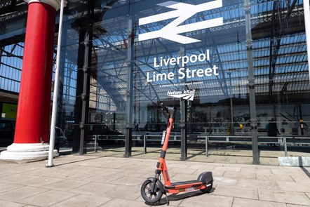Image shows VOI scooter outside Liverpool Lime Street station