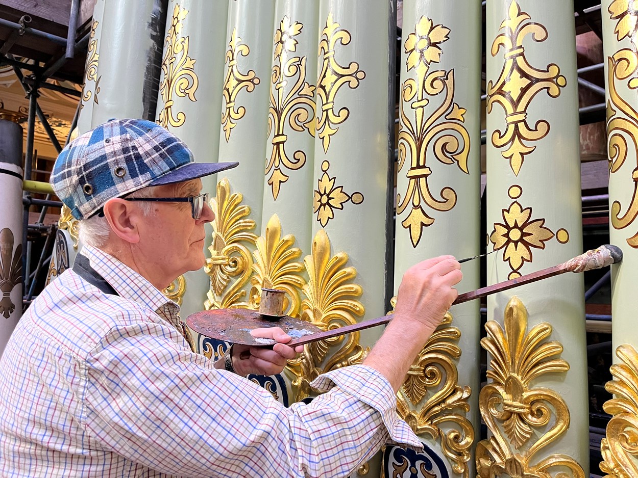 Leeds Town Hall organ pipes renewal: Specialist artists, Robert Woodland MBE and Debra Miller of The Upright Gilders, have taken on the painstaking task of recreating the spectacular appearance the organ pipes had when the iconic building’s Victoria Hall hosted the queen and other dignitaries for its opening night in 1858.