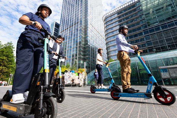 TfL Press Release - TfL and London Councils to extend London’s trial of rental e-scooters following national trial extensions: TfL Image - Electric scooters being used in London