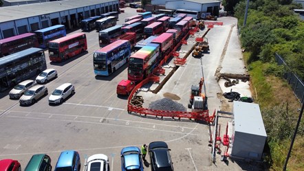 Work begins on installing electric charging points for zero emission buses at The Go-Ahead Group's Cowley depot in Oxford, in July 2023.