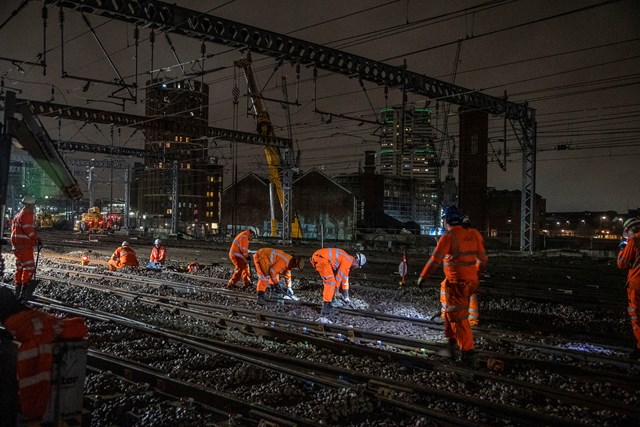 Network Rail staff work on track at Leeds station