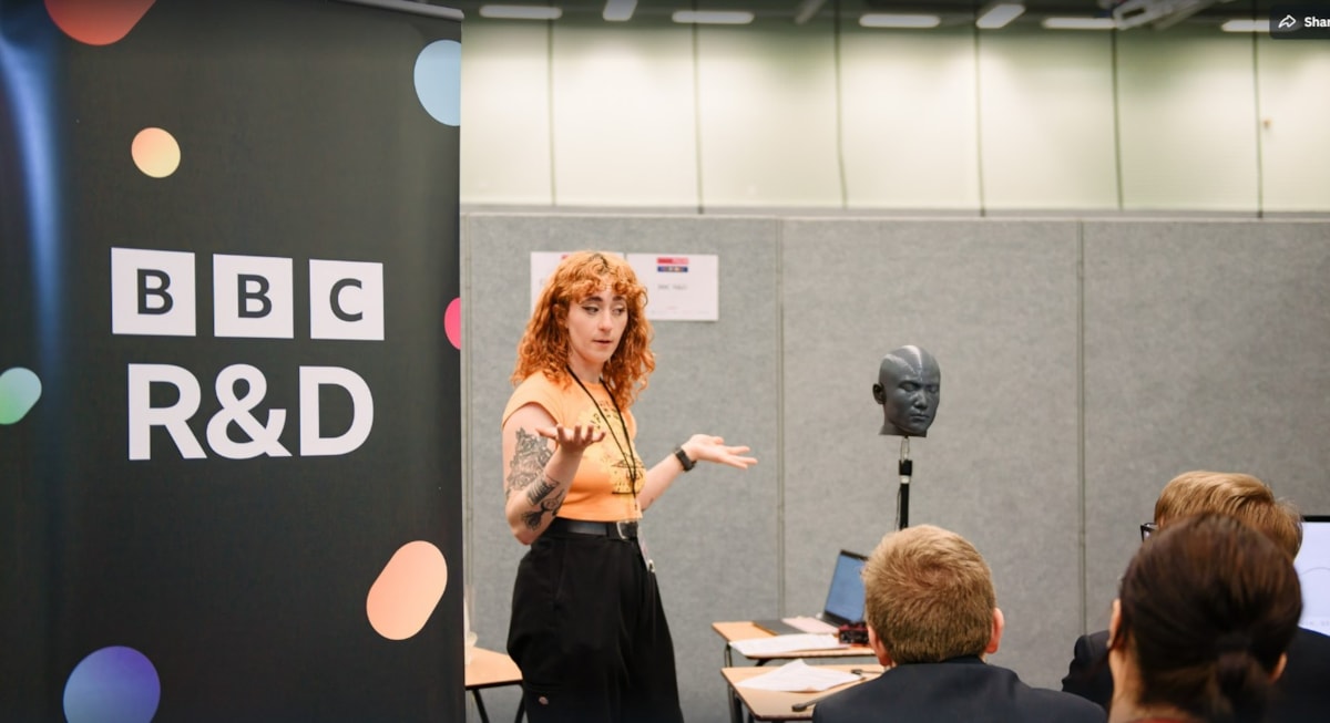 A representative from the BBC explaining 3D audio to pupils at the 2024 TeenTech Lancashire Festival