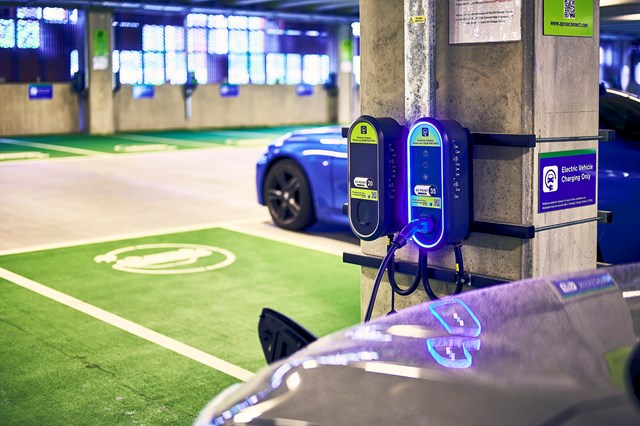 Charge while you travel with new electric vehicle charging points at Network Rail stations: EV charging point at Leeds- Credit: Compleo