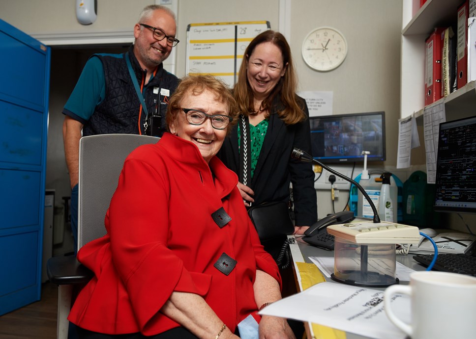 (Left to Right): Lee Hardman (Avanti West Coast Customer Service Assistant at Stockport); June Rosen; Cari Rosen (June's daughter) in the announcer's office