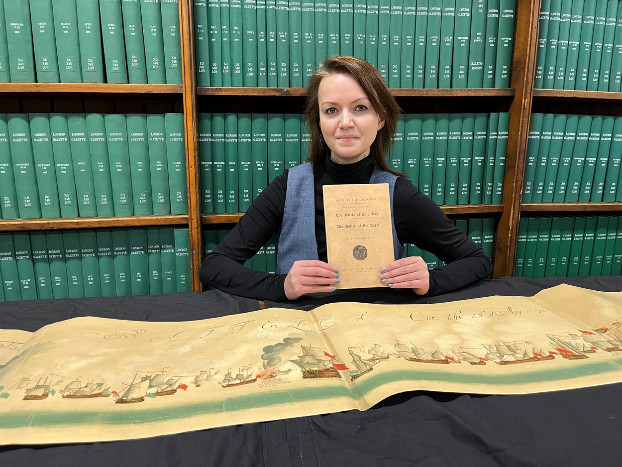 Leeds Central Library's naval battle: Leeds Central Library's senior librarian Rhian Isaac with sections of the step-by-step, illustrated account of the battles of Solebay and Texel which took place in the 1670s. Estimated to be more than 50 feet in length, the document itself dates from around 1908 and is among a collection of more than 3,000 books, pamphlets and periodicals donated by noted Leeds aristocrat, diplomat and naval history buff Sir Alvary Gascoigne.