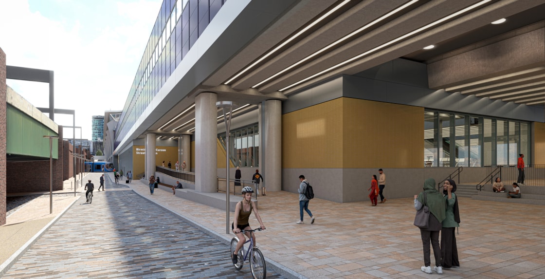 Visualisation showing showing a side entrance to the new Curzon Street station and service road